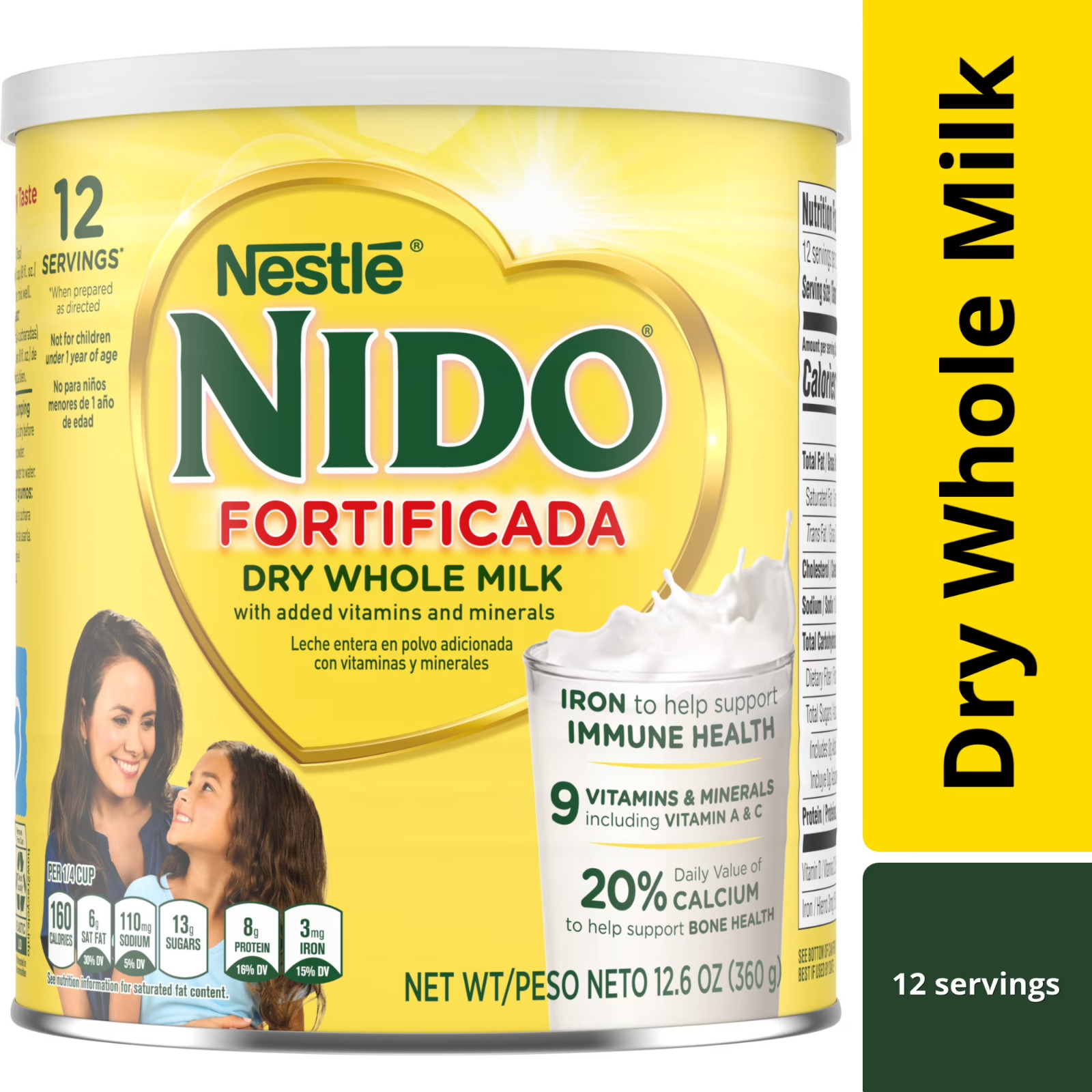 NIDO Fortificada Dry Whole Milk Powder Vitamins A, C, D, Iron & Calcium, 12.6oz