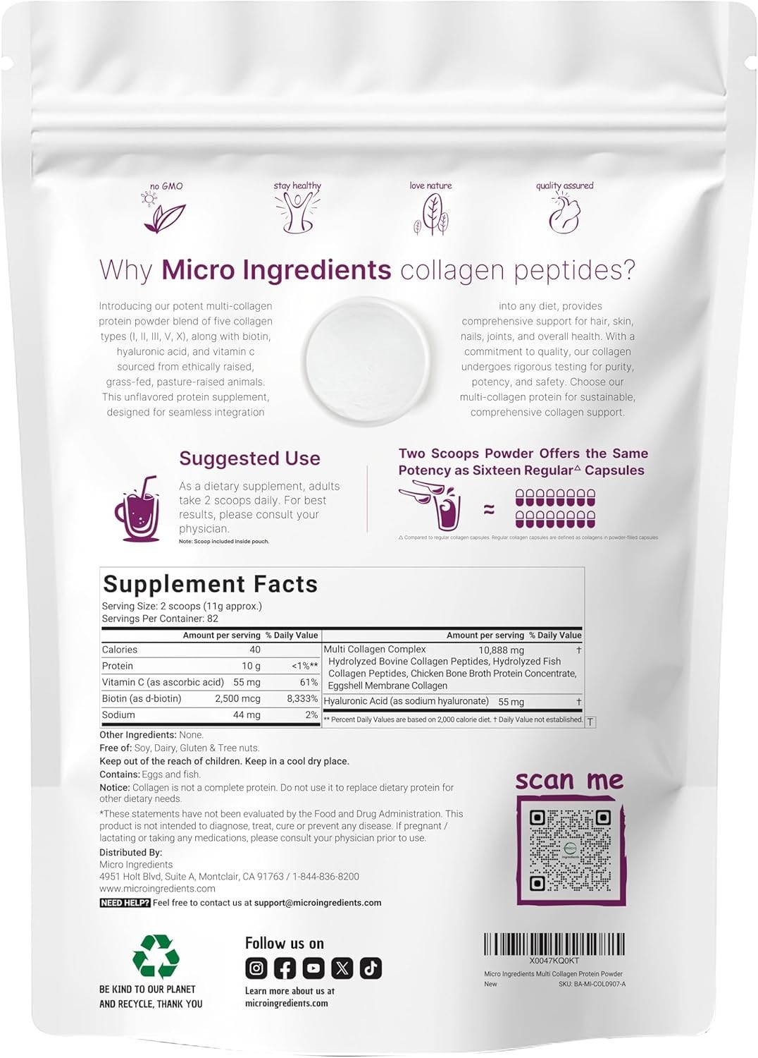 Micro Ingredients Multi Collagen Peptides Powder, 2lb