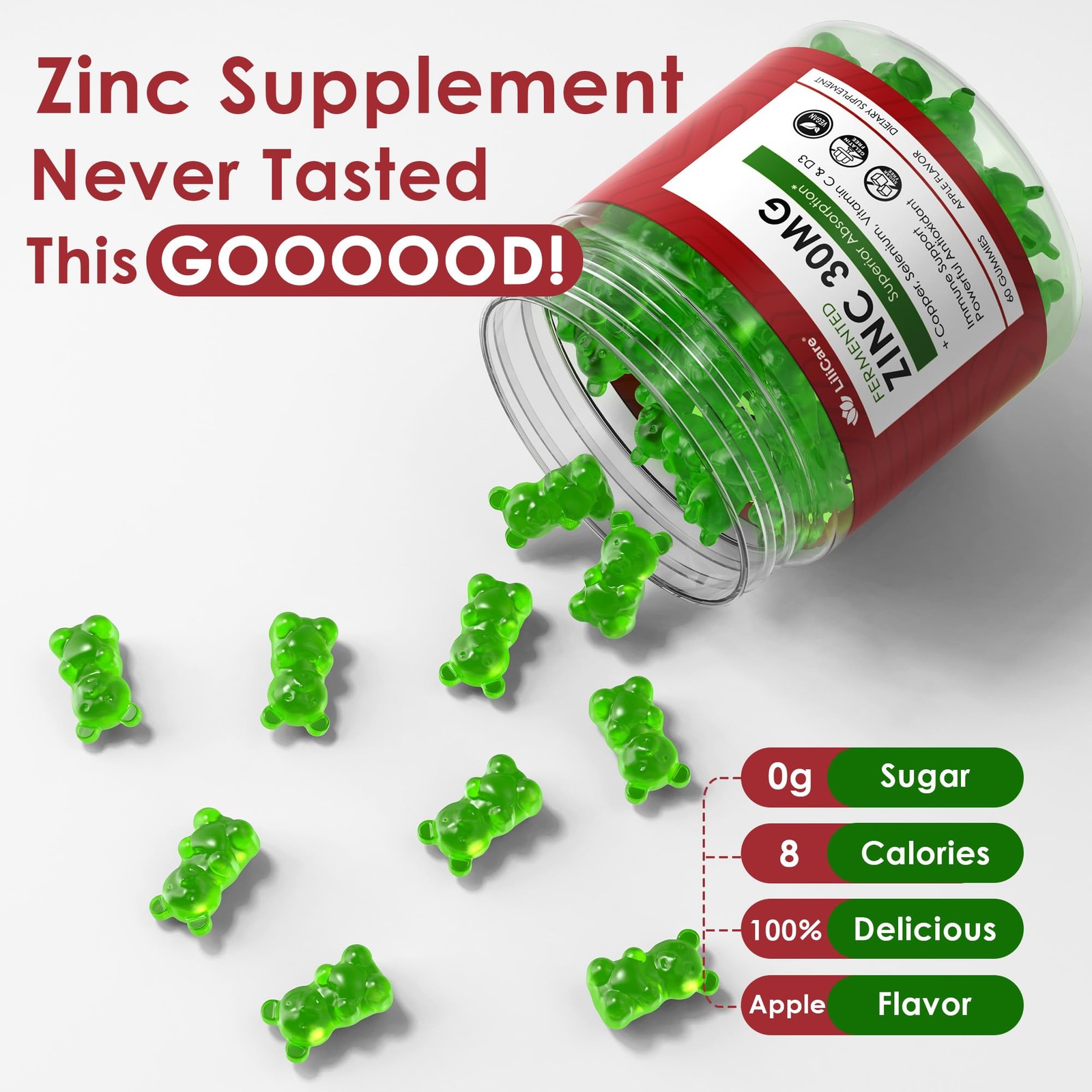 Zinc Gummies + Copper, Selenium, Vitamin C & D3, 60 Count (Pack of 1)