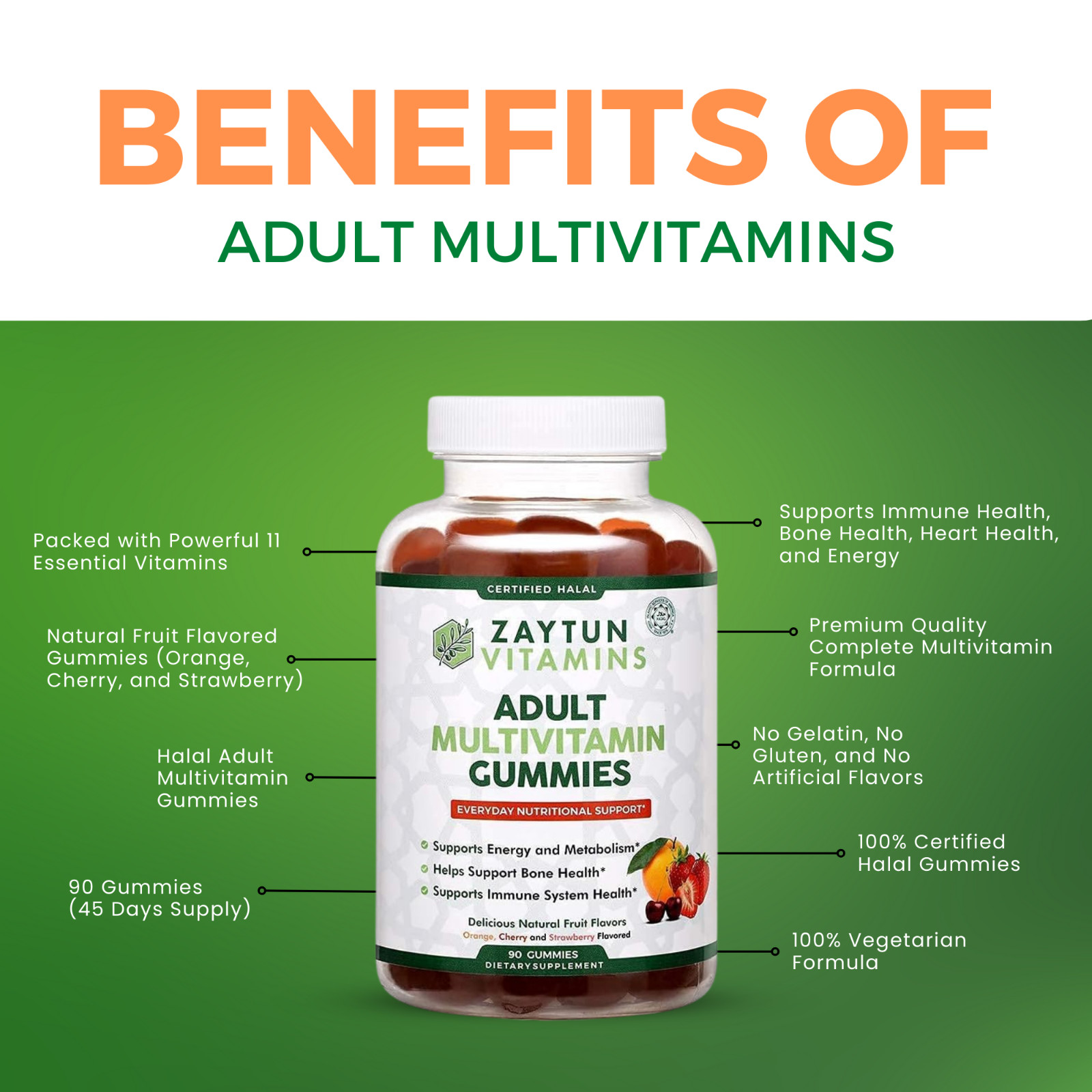 Zaytun Halal Adult Multivitamin Gummies for Men & Women, 270 Gummies Made in USA