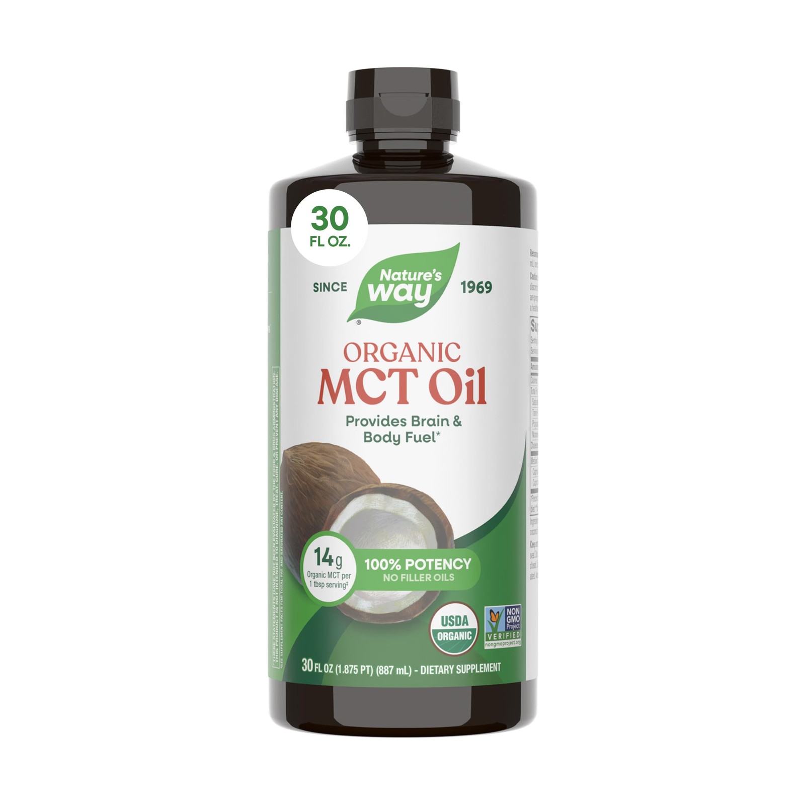 Nature’s Way Organic MCT Oil, Brain and Body 30 Fl Oz (Pack of 1), Clear
