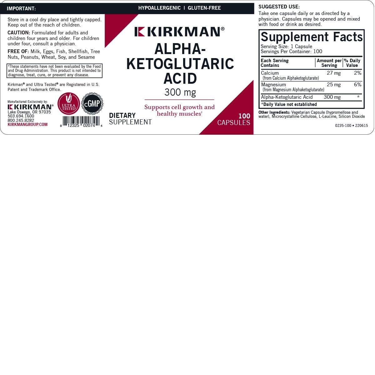 Kirkman Alpha-Ketoglutaric Acid 300 Mg – Hypoallergenic 100 Vegetarian Capsules