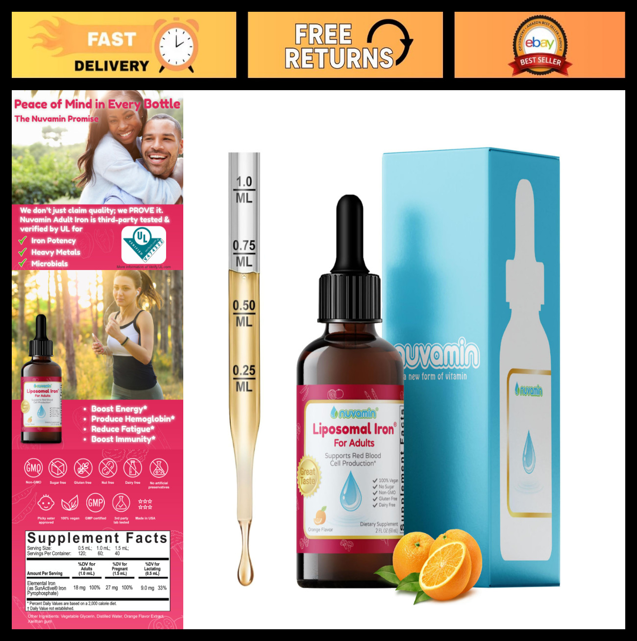Liquid Liposomal Iron Drops 2oz – High Absorption, No Aftertaste, Orange Flavor,