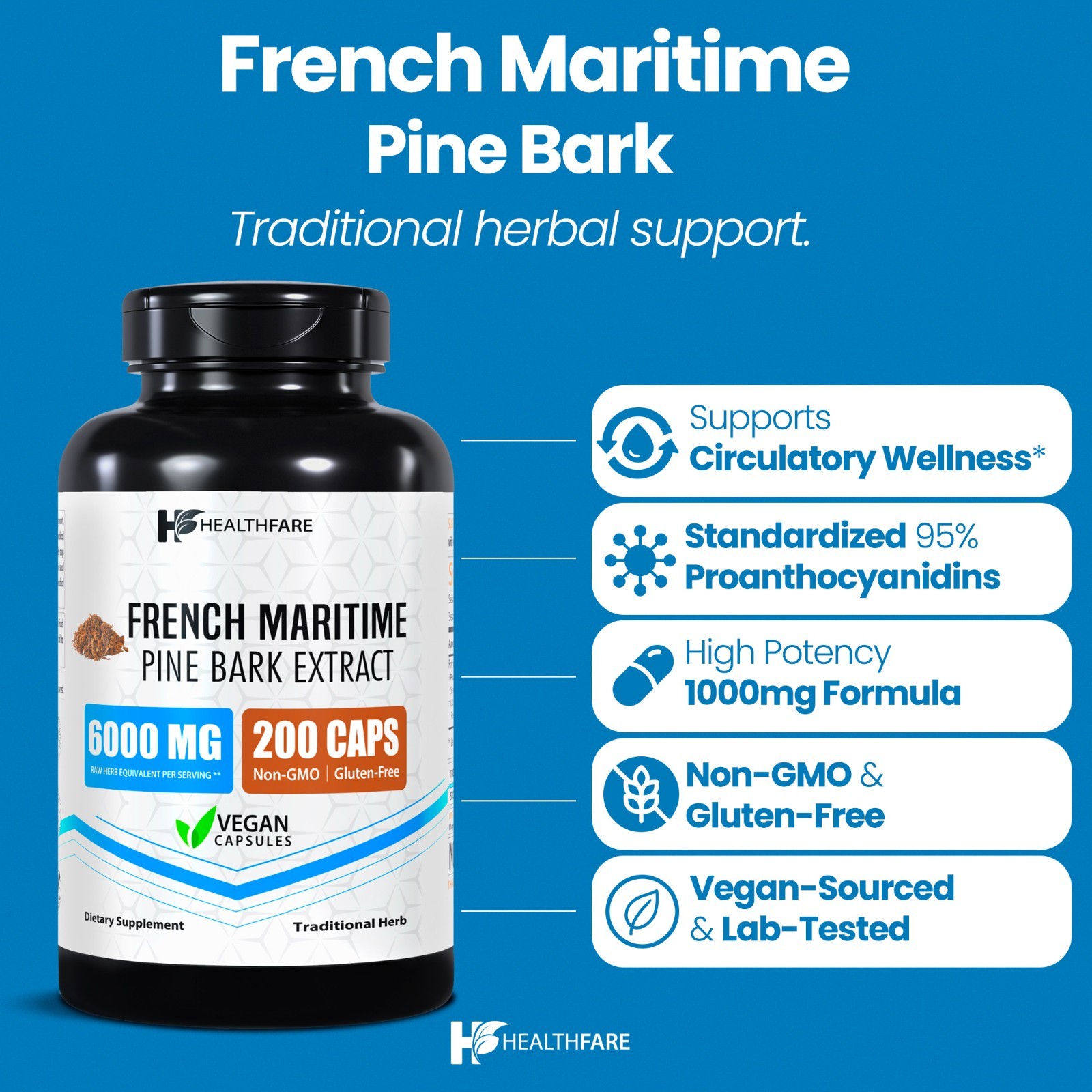 Healthfare French Maritime Pine Bark Extract Organic | 6000 mg | 200 Capsules