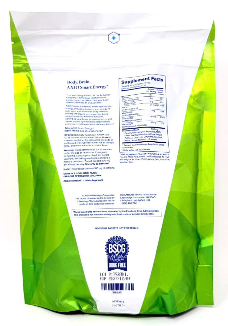 AXIO Smart Energy for Brain & Body: Green Apple – 30 Packets – EXP 12/2027