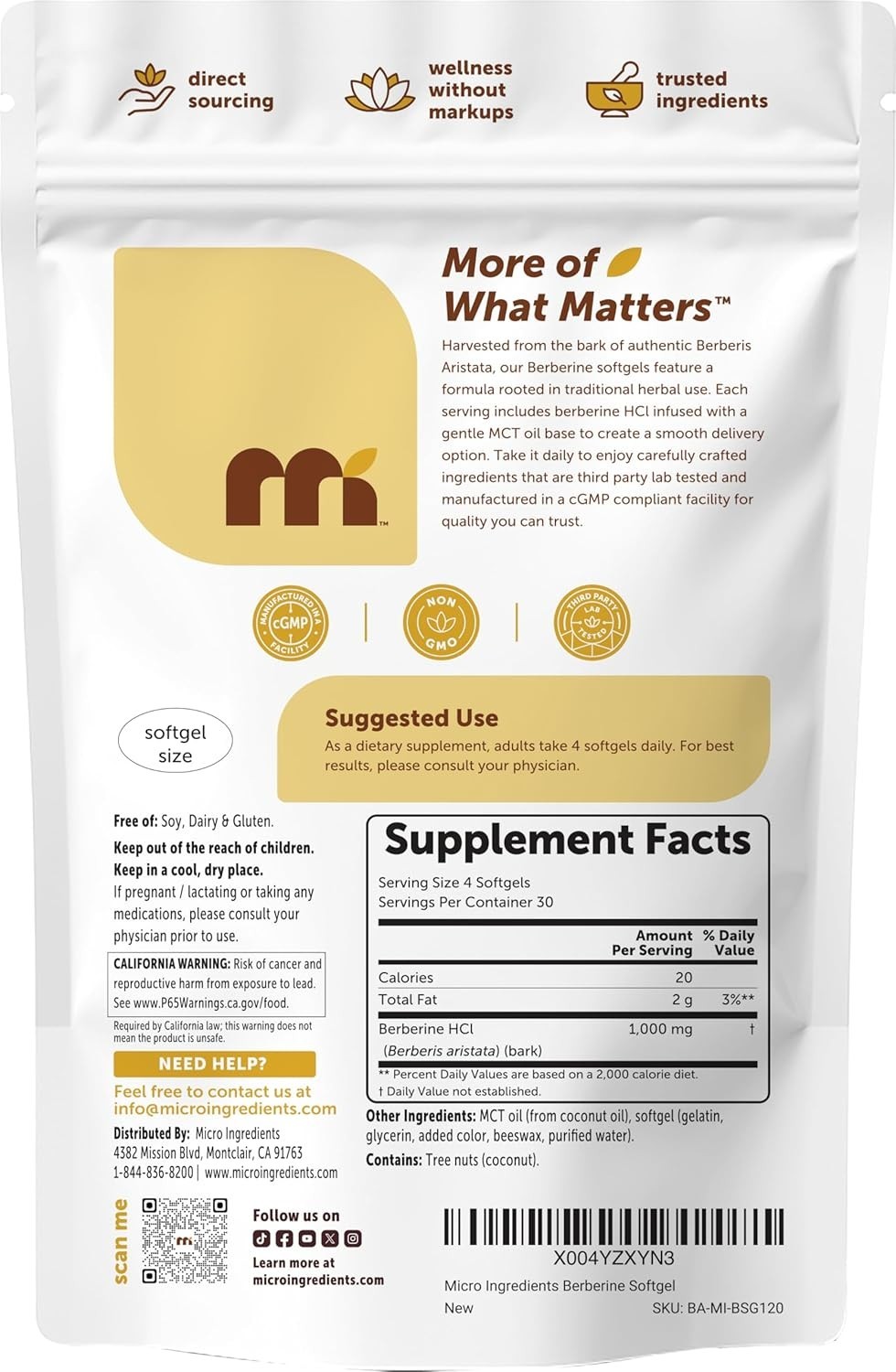 120 Easy-to-Swallow Berberine 1000mg Softgels with MCT Oil – Gluten Free