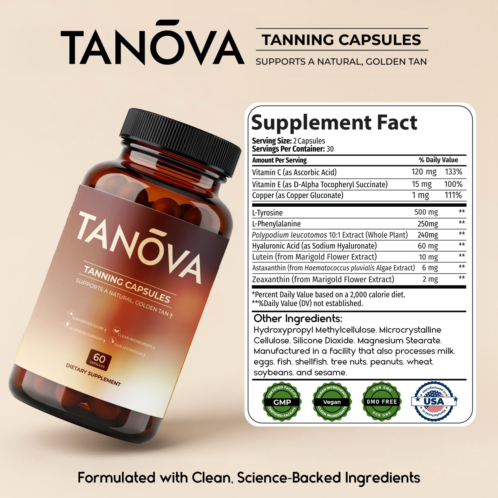 Tanova Tanning Pills – Supports a Natural Golden Glow, 60 Count (Pack of 1)