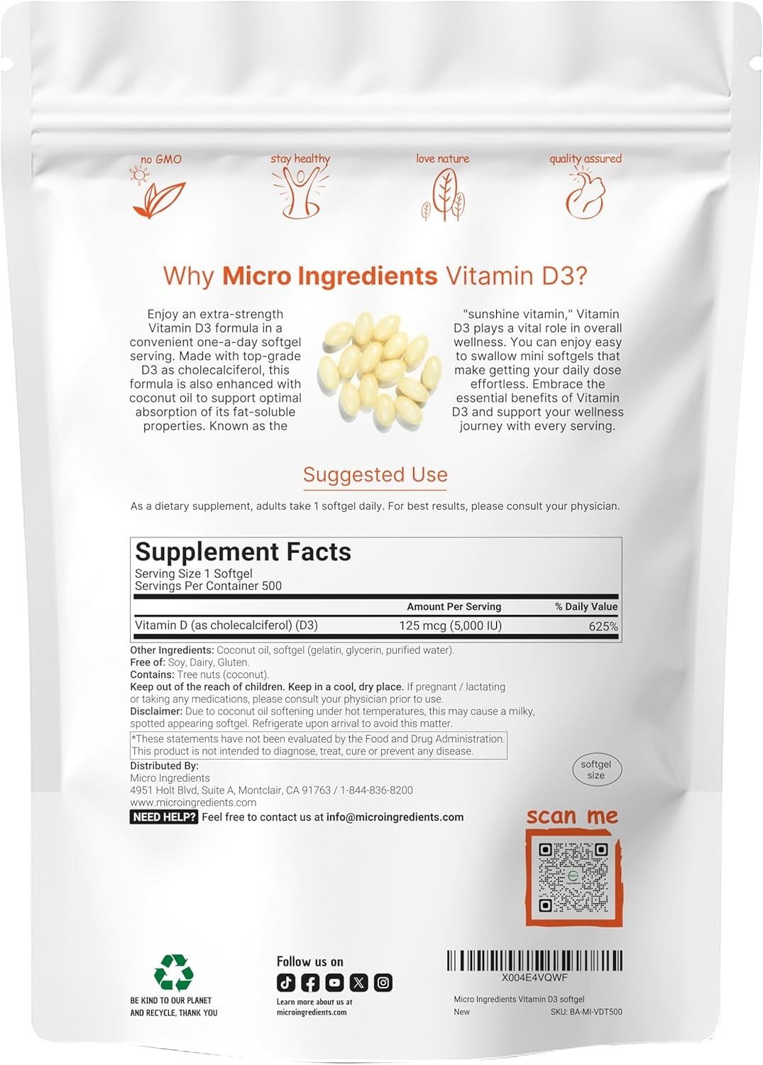 Micro Ingredients Vitamin D3 5,000 IU, 500 Softgels | Virgin Coconut Oil | Chole