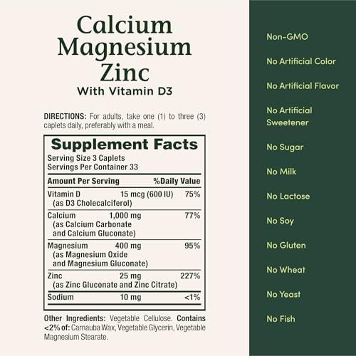 Nature’s Bounty Calcium Magnesium & Zinc Caplets, 100 Count (Pack of 1)
