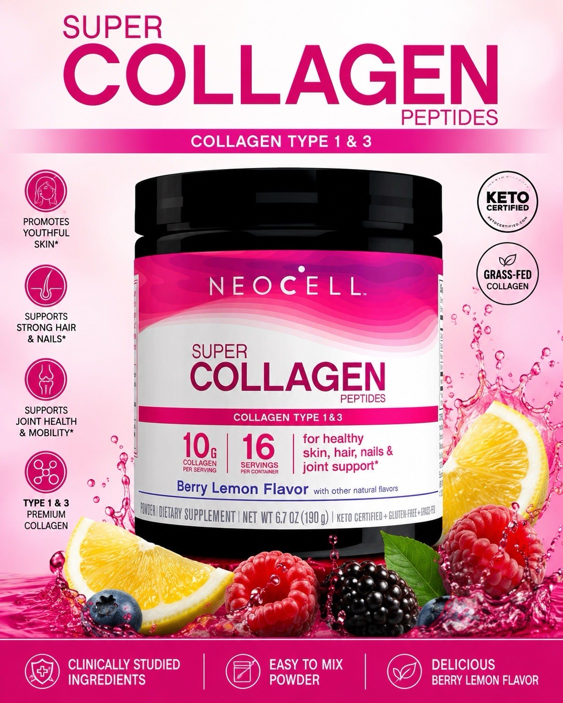 NeoCell Super Collagen Peptides Powder Berry Lemon 6.7 Oz