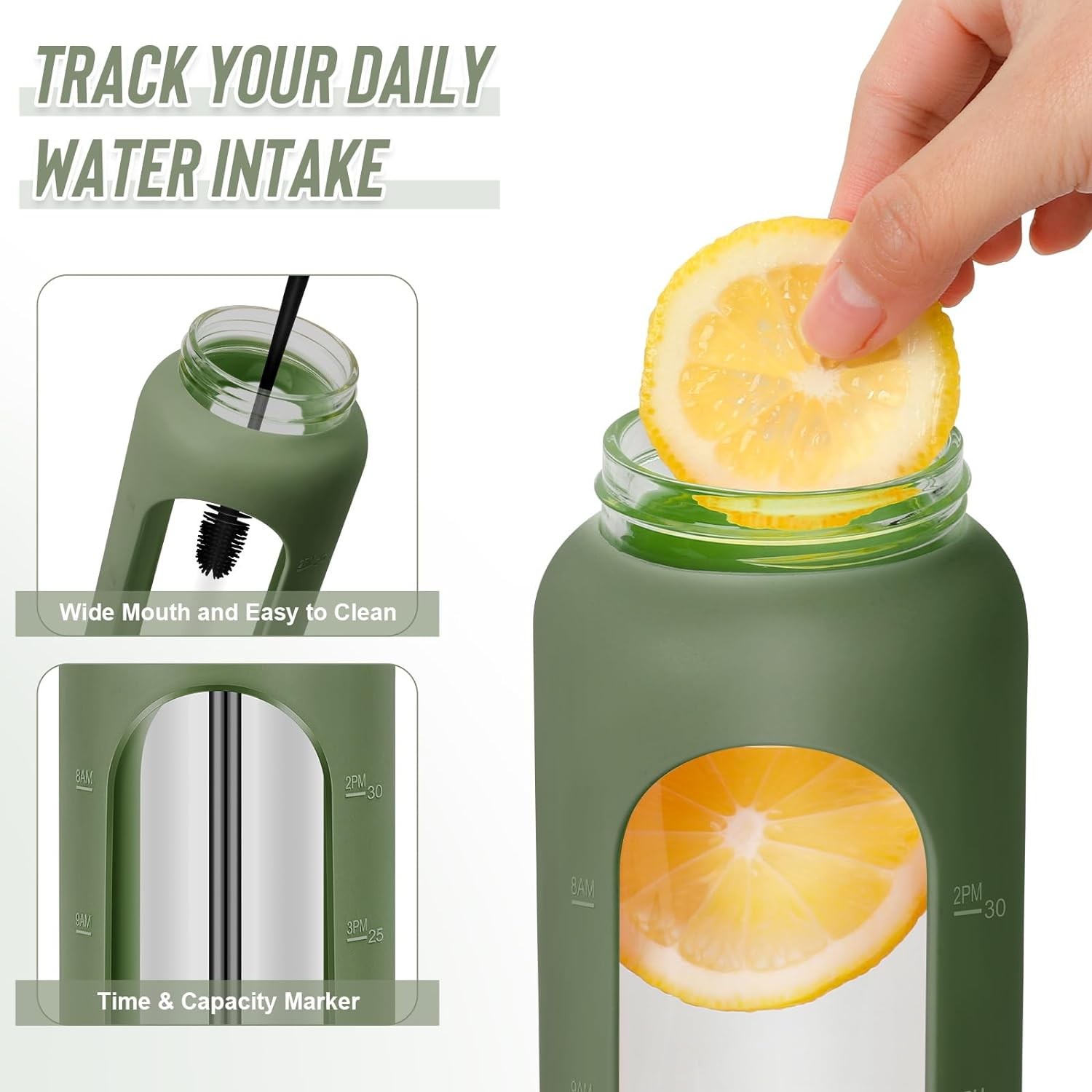 32 oz Glass Water Bottles – 1 Liter Motivational Tumbler 32 Ounces, Olive