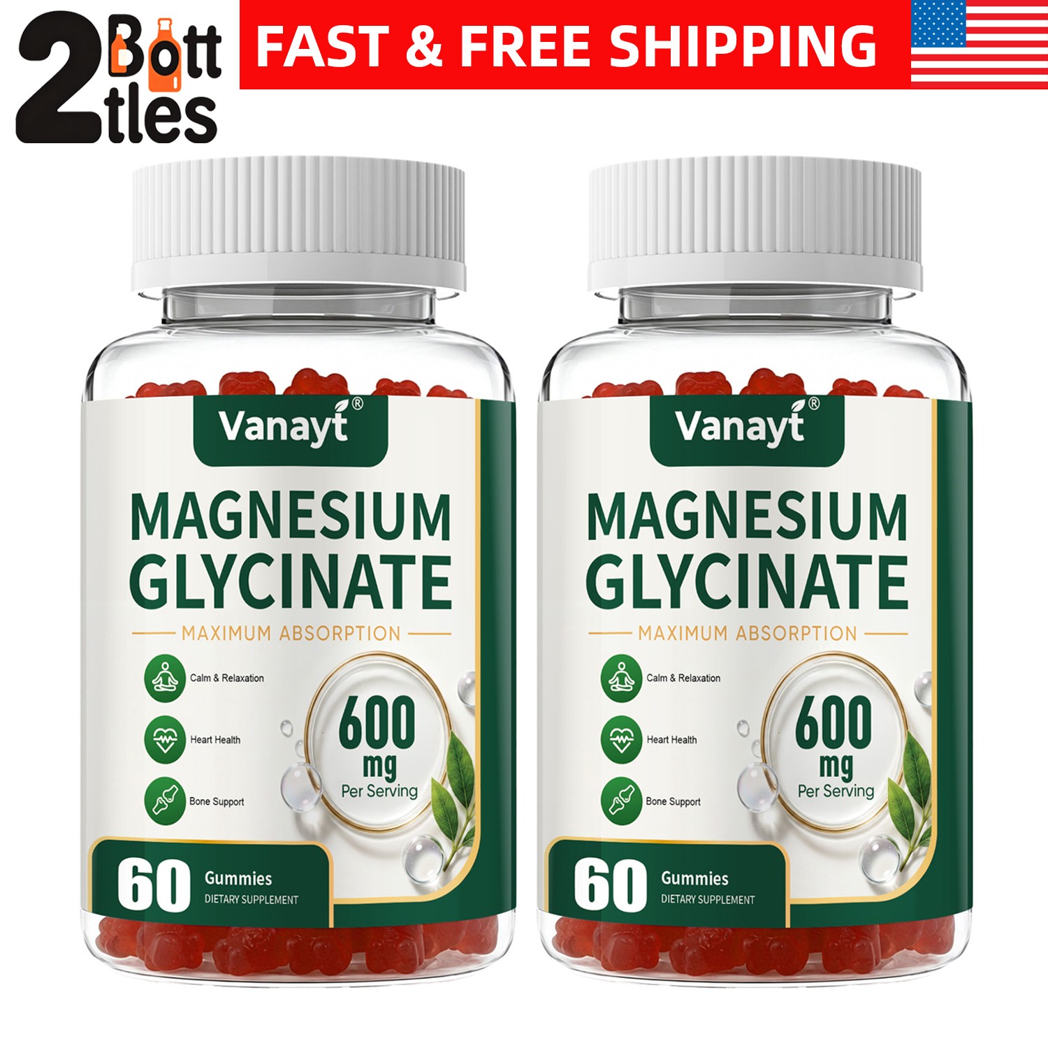 2x Magnesium Glycinate 600mg Advanced Complex 60 Gummy Gluten Free & Non-GMO