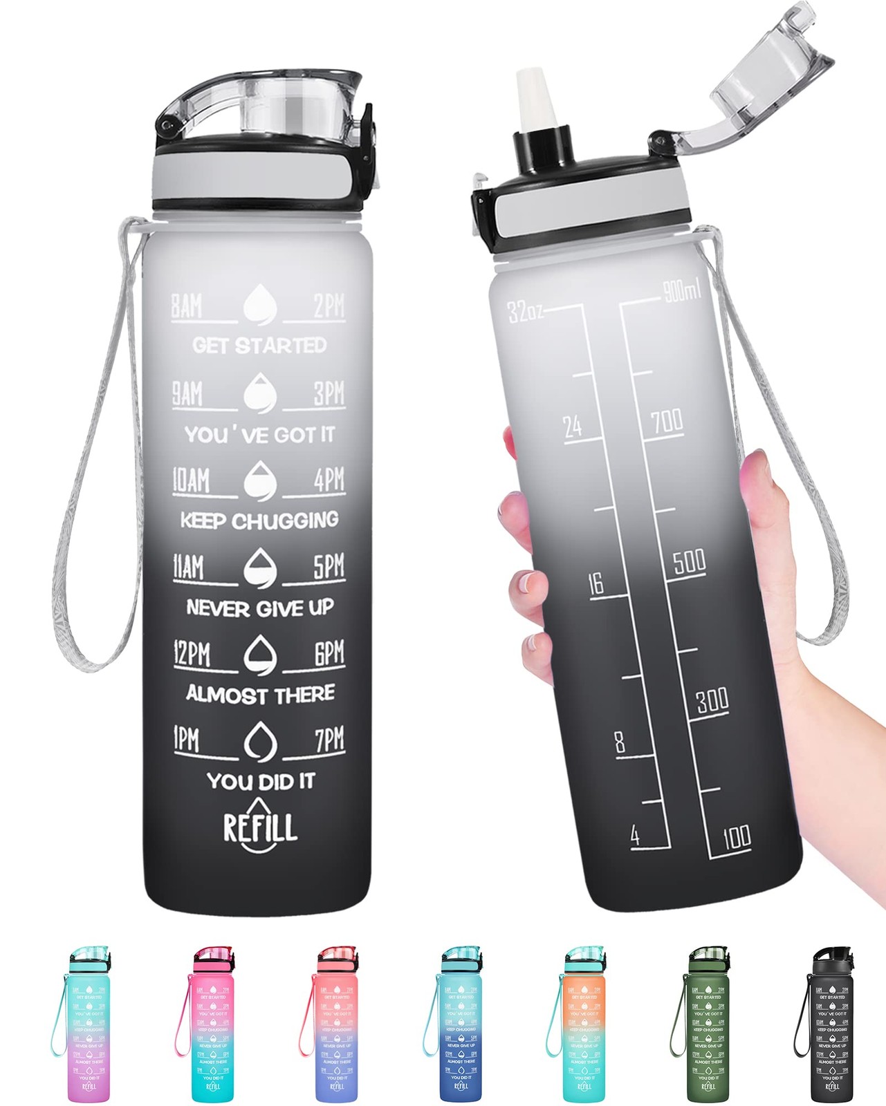 Enerbone 32 oz Water Bottle, Leakproof BPA & Toxic 32 Ounces, Gray-Black