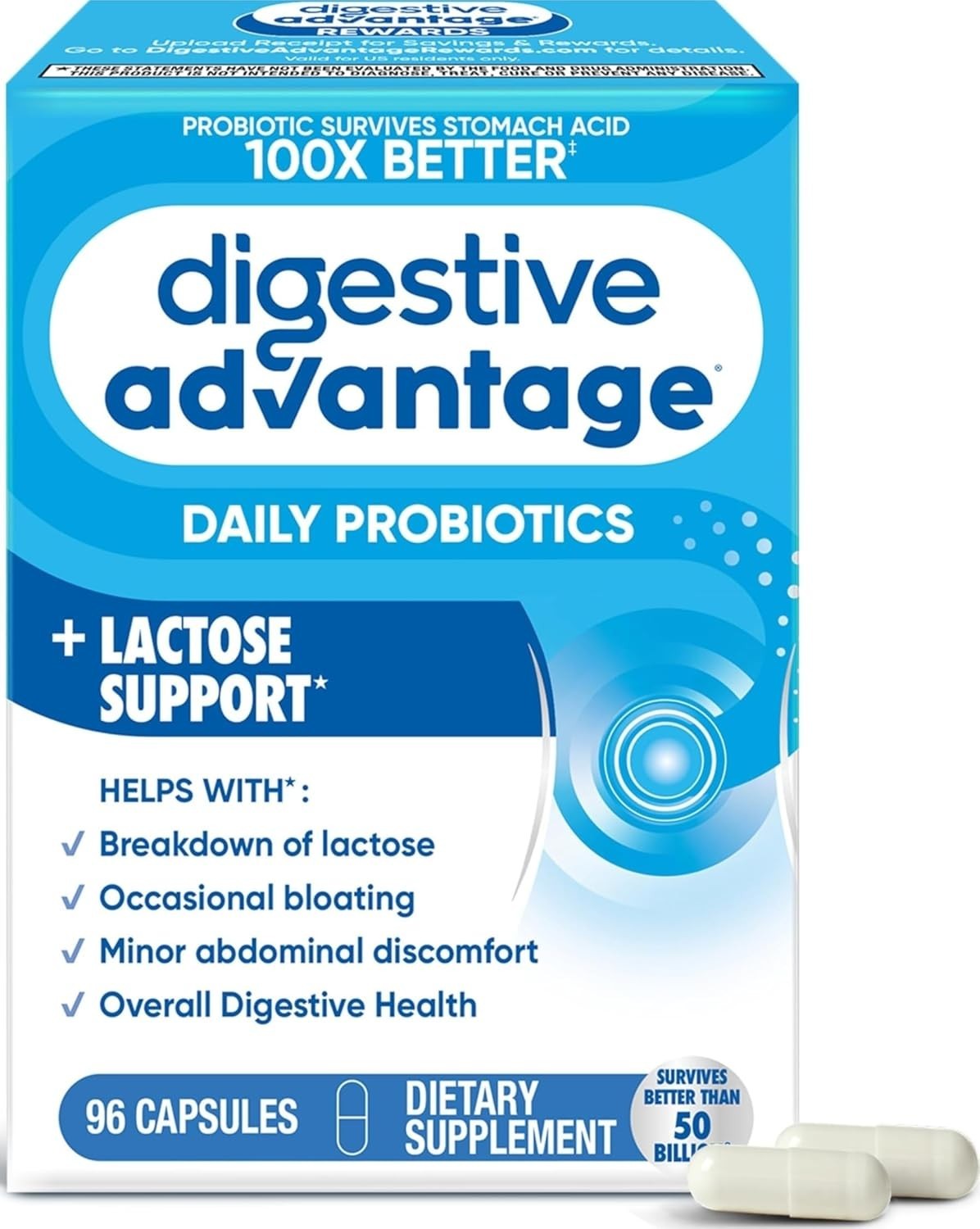Digestive Advantage Daily Probiotics Lactose Support 96 Count Probiotic Pills