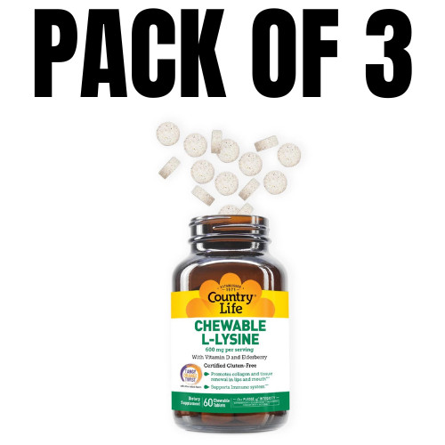 Country Life Chewable L-Lysine with Vitamin D & Elderberry – 60 Count (Pack of 3