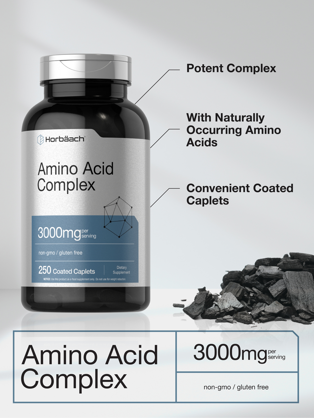 Amino Acid Complex 3000mg | 360 Caplets | Non-GMO, Gluten Free | by Horbaach