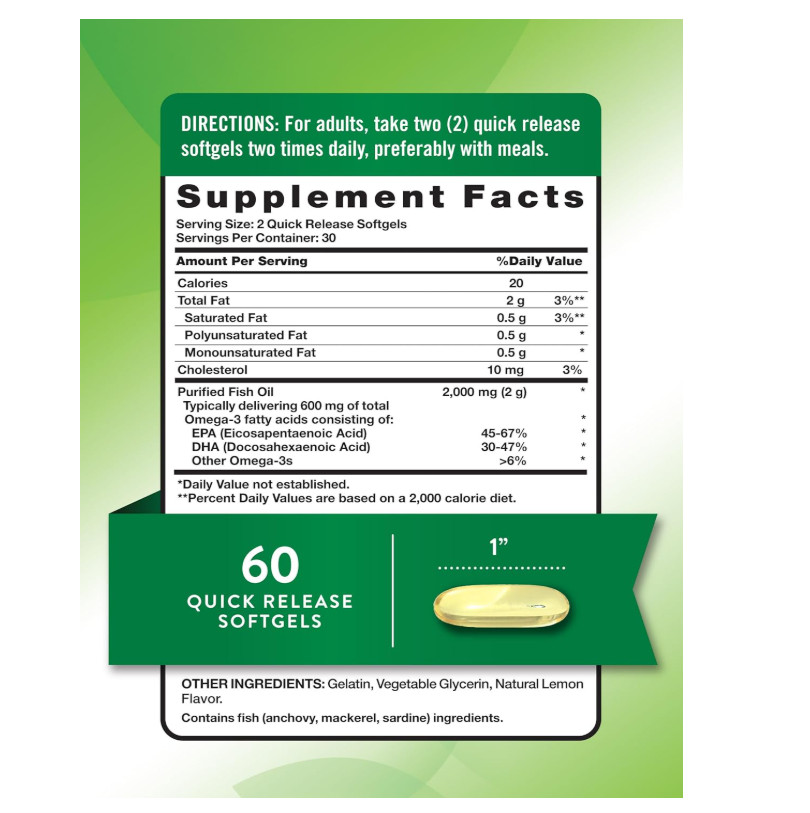 Fish Oil Omega 3 Supplement 2000mg 60 Softgels Lemon Flavor EPA DHA Non-GMO Glut
