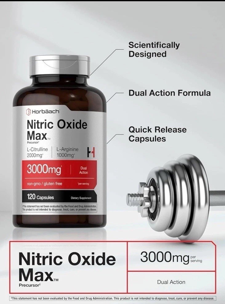Horbäach Nitric Oxide Max 3600mg w/ Arginine AAKG for Male Performance – 120ct.